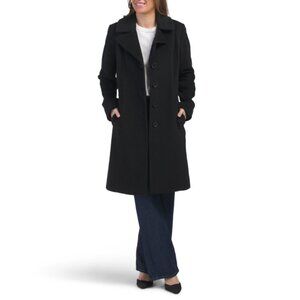 ANNE KLEIN Black Wool Blend Quarter Notch Collar Reefer Coat
